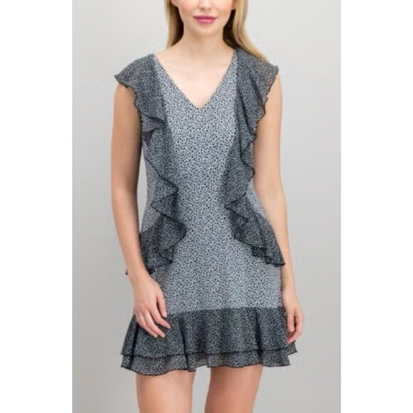 Michael Kors Dress Black White L Large Fluttery Floral Print V Neck Ruffle - Picture 10 of 10